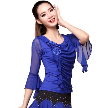 1 шт./лот, модная женская блузка для латиноамериканских танцев, плиссированная блузка, женский топ для современных танцев с милым цветком