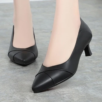 2023 Женская обувь, офисные женские туфли-лодочки на среднем каблуке, искусственная кожа, черные базовые весенне-осенние лоферы на квадратном каблуке, женские Zapatos