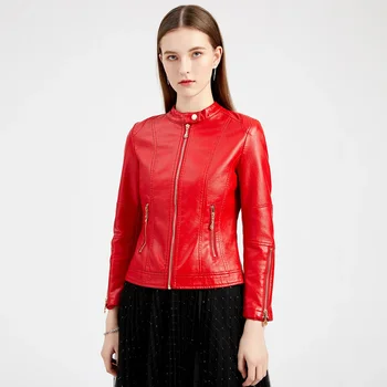 2024 Женская Новая модная куртка из искусственной кожи с коротким воротником-стойкой, Осенняя тонкая кожаная куртка