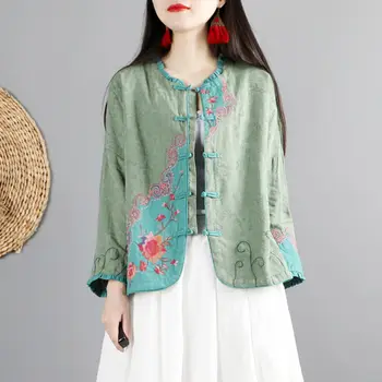 2024 Китайский ретро хлопчатобумажный льняной топ, женское демисезонное повседневное пальто, универсальный кардиган с длинными рукавами в восточном стиле на пуговицах