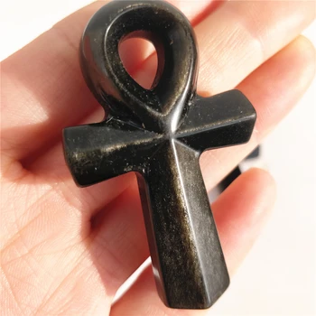 5,5 см Натуральный черный Золотой кристалл обсидиана камень Египетский Крест женская символическая точка исцеления рейки для подарков