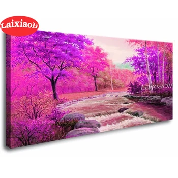 5d DIY Алмазная живопись полная квадратная Вышивка крестом живописный Розовый фиолетовый лес дерево озеро Алмазная вышивка длинный домашний Декоративный