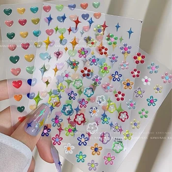 5D Полупрозрачные желейные клейкие наклейки для ногтей, самоклеящийся рельефный слайдер, летние рельефные линии/Сердце любви / Цветочные наклейки для маникюра