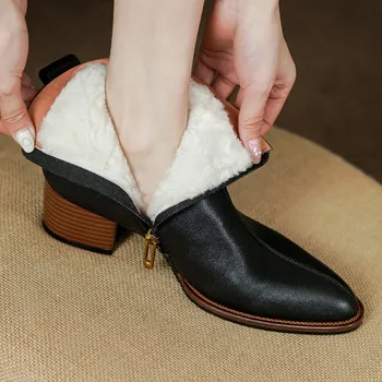 danxuefei/ женские зимние шерстяные зимние ботинки из коровьей кожи толщиной 5 см на среднем каблуке с круглым носком и боковой молнией, высококачественные мягкие короткие ботильоны