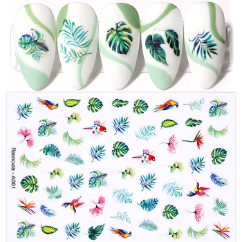 Harunouta Летние Зеленые листья Цветок 3D наклейка для ногтей Полосатые линии Слайдер для листьев Наклейки Водяные знаки Весеннее украшение для ногтей