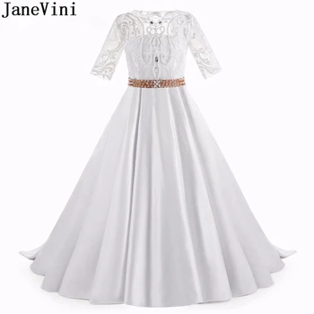 JaneVini Роскошные Белые атласные платья с цветочным узором для девочек, расшитые бисером и жемчугом, с короткими рукавами и пуговицами сзади, трапециевидное платье для девочек, праздничное платье Communie Jurk