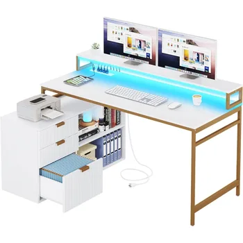 L-образный письменный стол с выдвижными ящиками, 55-дюймовый компьютерный стол, угловой письменный стол с розетками и светодиодной подсветкой, белый с золотом