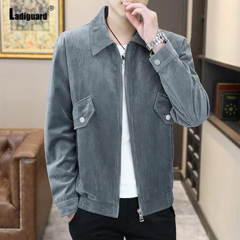 Ladiguard 2023 Мужская вельветовая куртка, мужские модные пальто в стиле ретро с карманами на молнии, топы с отложным воротником, верхняя одежда, куртки в корейском стиле