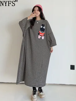 NYFS 2023, Осеннее Новое корейское женское платье, Vestidos Robe Elbise, свободные хлопковые платья в полоску размера плюс, XL-4XL
