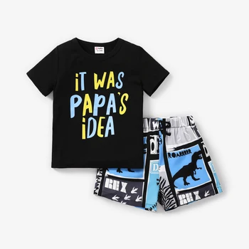 PatPat, комплект из 2 предметов, черная футболка с буквенным принтом для маленьких мальчиков и цветные шорты с рисунком динозавра