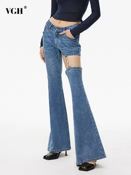 VGH Съемные повседневные джинсовые брюки-клеш с высокой талией, Открытые карманы в стиле пэчворк, темпераментные джинсы, женский модный стиль
