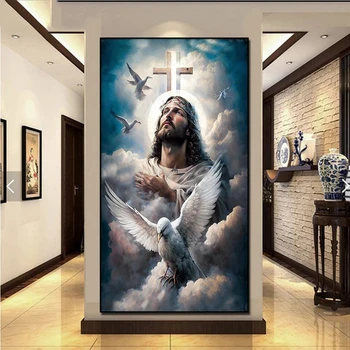 Алмазная мозаика Иисус, молящийся в окружении голубей на облаке, 5d Алмазная картина своими руками, Полная Квадратная круглая вышивка крестиком G402