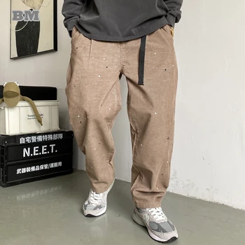 Американская уличная одежда Пятна краски Вельветовые повседневные брюки для мужчин Harajuku Свободные Прямые брюки карго Корейские трендовые брюки мужские