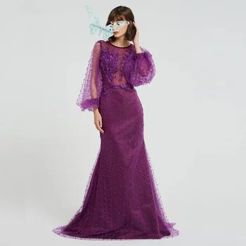 Арабские фиолетовые платья для выпускного вечера, расшитые бисером, Иллюзионные вечерние платья Русалки с длинными рукавами длиной до пола, роскошные вечерние платья 2024