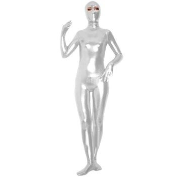 Блестящий металлический комбинезон Зентай с открытыми глазами, цельный серебристый мужской комбинезон из лайкры для всего тела, костюм для Рождественской вечеринки