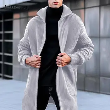 Вязаные пальто, Мужской свитер, кардиган, Зимняя теплая повседневная вязаная куртка с длинным рукавом, осеннее мужское вязаное пальто в складку с винтажным отворотом