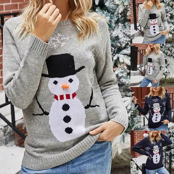 Вязаные свитера, женская мода, Рождественский свитер со снеговиком, Снежинка с круглым вырезом, Рождественская Корейская мода, Женская одежда в стиле харадзюку