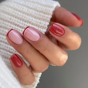 Глянцевые красные простые французские накладные ногти короткой квадратной формы, модные однотонные съемные накладные ногти с отделкой, прижимаются к ногтям клеем