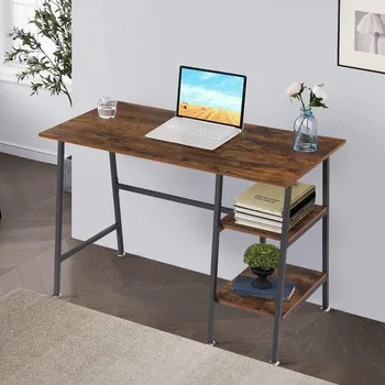 Деревянный стол VECELO Industrial в простом стиле с металлическим каркасом, Компьютерный стол для домашнего офиса, рабочее место для письменного кабинета с 2-уровневым хранилищем
