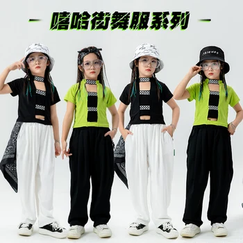 Детская одежда в стиле Kpop, одежда в стиле хип-хоп, укороченная зеленая футболка, уличная одежда, мешковатые брюки для девочек, костюмы для джазовых танцев, одежда для подростков
