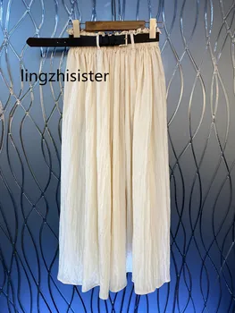 Женская длинная юбка 2023, летняя женская с поясом, однотонная, с короткими эластичными складками на талии, длинные юбки, новое поступление
