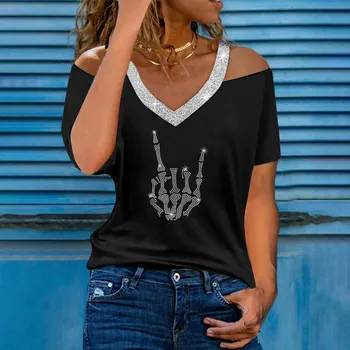 Женская летняя футболка с V образным вырезом и открытыми плечами, яркая футболка с коротким рукавом и принтом 
