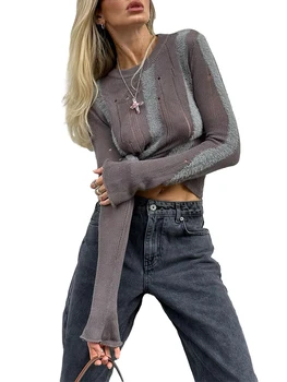 Женские вязаные свитера Y2K с длинным рукавом, топы, винтажные пуловеры с круглым вырезом в стиле пэчворк, приталенная осенняя уличная одежда для электронных девочек