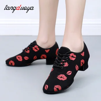 Женские туфли для танго/ латиноамериканских танцев с мягкой подошвой и принтом красных губ, современные туфли для танцев сальсы для девочек, женские туфли на каблуке 3-5 см