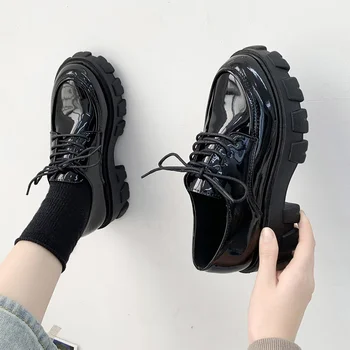 женские туфли-лодочки в стиле готической лолиты, Новые черные туфли-лодочки на среднем каблуке, женская обувь из искусственной кожи на платформе, повседневная обувь со шнуровкой