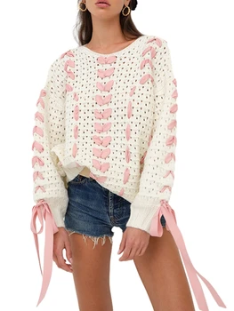 Женский вязаный свитер с длинным рукавом и круглым вырезом, пуловер контрастного цвета, теплый свитер на осень-зиму