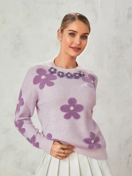 Женский вязаный свитер с цветочным принтом Y2k, топ с длинным рукавом в рубчик, круглый вырез, эстетичный свободный свитер для милой девочки-подростка