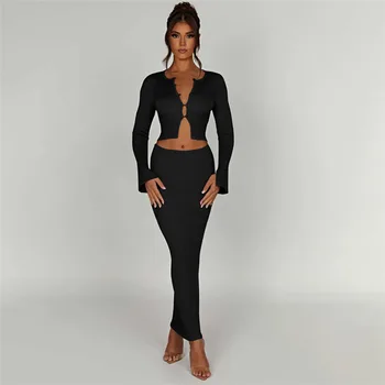 Женский летний наряд Zabrina 2023, Черный укороченный топ с длинным рукавом и облегающая юбка Макси с высокой талией, комплект для сексуальной клубной вечеринки и праздника