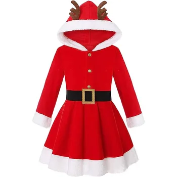 Зимнее новое красное Рождественское платье, рождественский костюм с капюшоном Kawaii Moose, карнавальный костюм для девочек, новогодний наряд с поясом