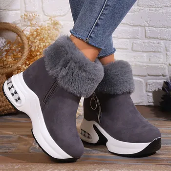 Зимние нескользящие зимние ботинки 2023 года, женские модные ботильоны на платформе из искусственного меха и плюша, женская теплая обувь с хлопковой подкладкой на воздушной подушке.