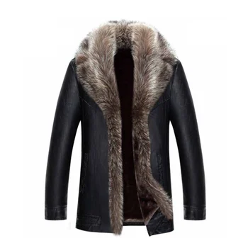 Зимняя новая кожаная куртка для мужчин, Короткие Плюшевые утолщенные куртки 2023, Мужские пальто с воротником из меха енота, Jaqueta Couro