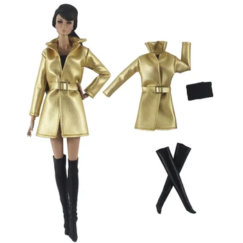 Золотой кожаный комплект одежды/длинное пальто + топ + носки/ кукольная одежда Для куклы Барби длиной 30 см Xinyi FR ST /рождественская игрушка для девочек