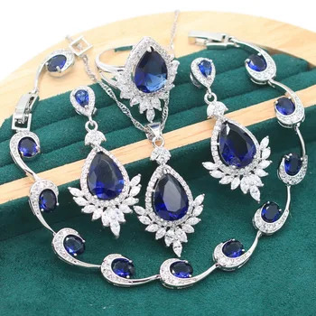 Изысканный набор ювелирных изделий из серебра 925 пробы для женщин, браслет с сине-зеленым топазом, Серьги, Кольцо, Свадебное ожерелье, Рождественская подарочная коробка