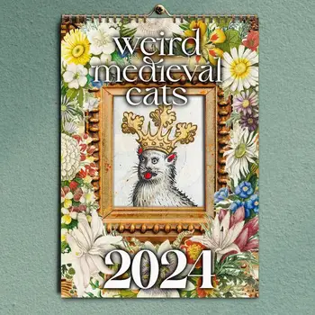Календарь Странных Средневековых кошек на 2024 год, Декоративный Подвесной Веселый Ежемесячный календарь с картинками кошек, художественные украшения комнаты для дома