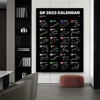 Календарь Формулы-1 2023 Плакат Трасса сезона 2023 Принты Спортивный гоночный автомобиль Трек Принты Гран-При Холст Картина Офисный Декор стен