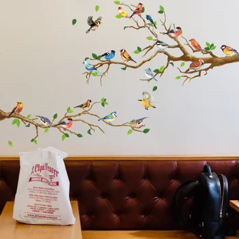 Китайский стиль Винтажная Наклейка с Птицей Гостиная Диван Декор стен Наклейки Настенное Искусство 3D Ветка дерева Зеленые Листья Стикеры