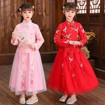Китайское новогоднее платье для девочек, Красный Розовый Синий Восточный костюм, Китайское традиционное платье для девочек, косплей, Фантазия, Древний Hanfu Kid
