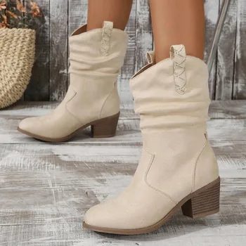 Ковбойские белые ботильоны для женщин 2023, Модные ковбойские ботинки в западном стиле, женская Повседневная дизайнерская обувь с вышивкой и острым носком.