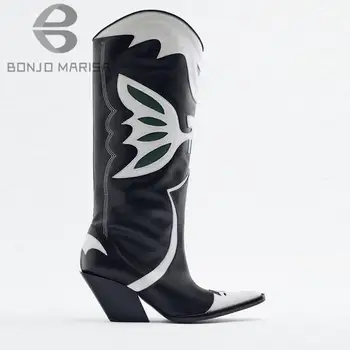 Ковбойские сапоги до колена для женщин 2022, повседневная зимняя обувь с острым носком и вышивкой на наборных каблуках, зимние сапоги в западном стиле