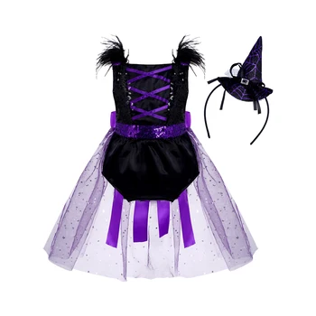 Костюм Ведьмы-вампира для маленьких девочек, костюм для косплея на Хэллоуин, комбинезон из искусственных перьев, украшенный сеткой с блестками, с обручем для волос, одевающийся