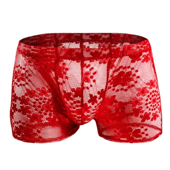 Красное Кружевное Мужское Сексуальное Нижнее Белье С Низкой талией, Прозрачные Боксерские брюки