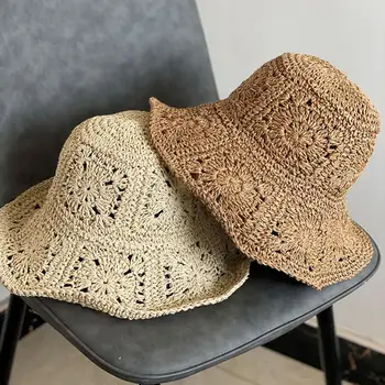 Летняя женская соломенная шляпа крючком, складная, с широкими полями, с защитой от ультрафиолета, Полая Пляжная шляпа-ведро от солнца
