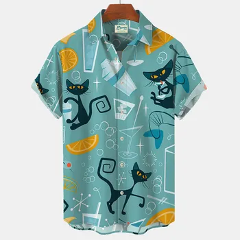 Летняя мужская рубашка с отворотом, модная рубашка с короткими рукавами и рисунком кота из мультфильма, рубашка унисекс оверсайз, повседневная женская одежда