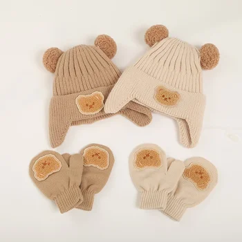 Милая шерстяная детская шапка + перчатки, комплект, Теплая зимняя вязаная детская шапочка для маленьких девочек и мальчиков, однотонная ветрозащитная уличная шапка для малышей