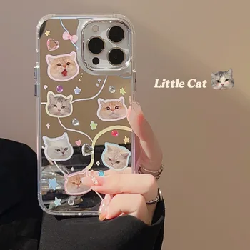 Милый Кот С Зеркалом 3D Красочный Бриллиантовый Чехол Для Телефона iPhone 14 13 12 11 Pro Max X XS XR Прекрасный Котенок Противоударный Чехол
