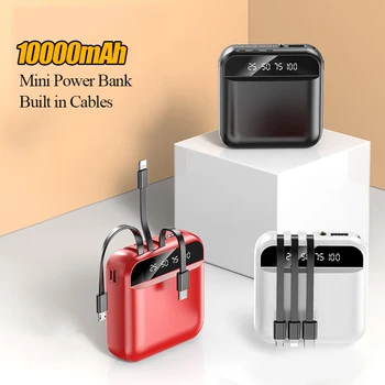 Мини-Банк Питания с Кабелем Портативное Зарядное Устройство Внешний Аккумулятор 10000 мАч Powerbank Для iPhone 14 13 12 Xiaomi Huawei Poverbank